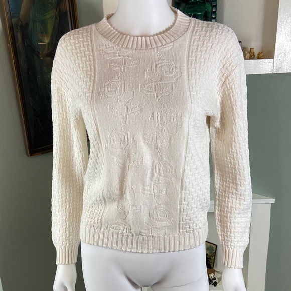 unbranded Sweaters - Vintage 80s Cream white Sweater Roses Floral Acrylic Women xs/s 1980s